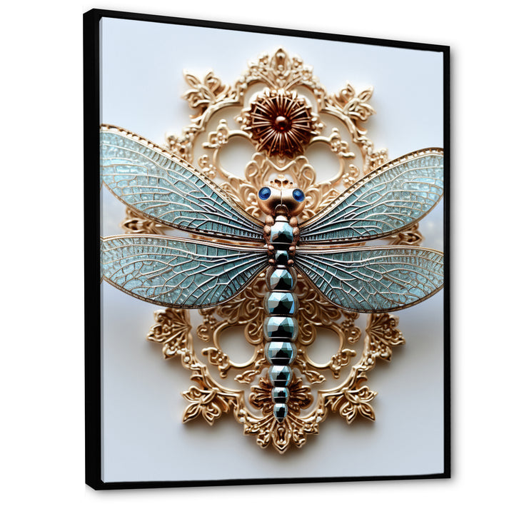 Blue Vintage Dragonfly On Gold - Dragonfly Canvas Wall Art