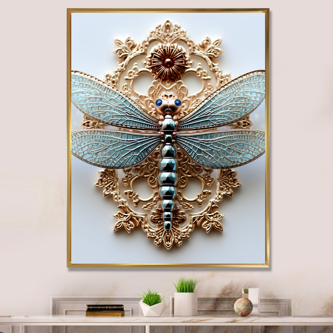 Blue Vintage Dragonfly On Gold - Dragonfly Canvas Wall Art