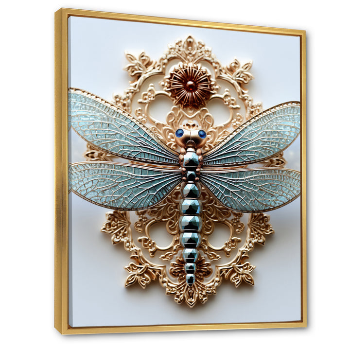 Blue Vintage Dragonfly On Gold - Dragonfly Canvas Wall Art