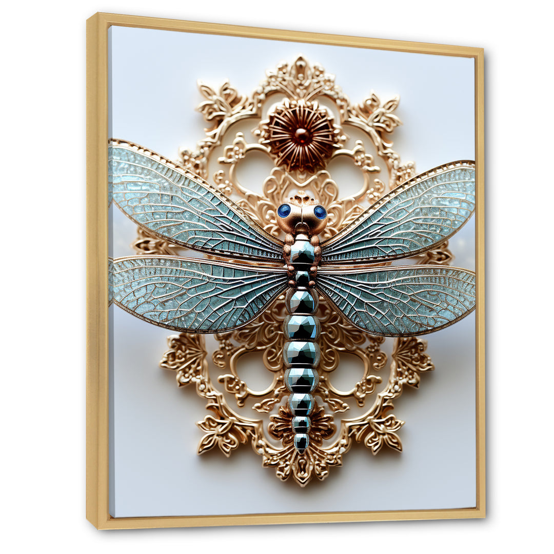 Blue Vintage Dragonfly On Gold - Dragonfly Canvas Wall Art