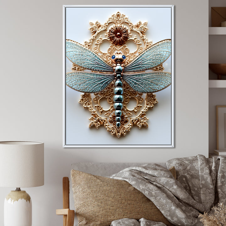 Blue Vintage Dragonfly On Gold - Dragonfly Canvas Wall Art