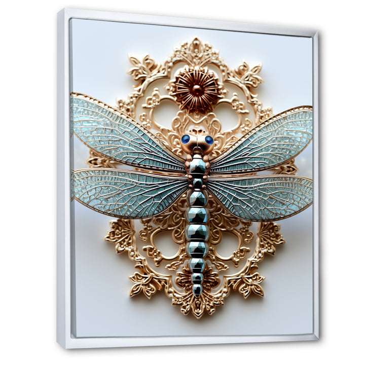 Blue Vintage Dragonfly On Gold - Dragonfly Canvas Wall Art