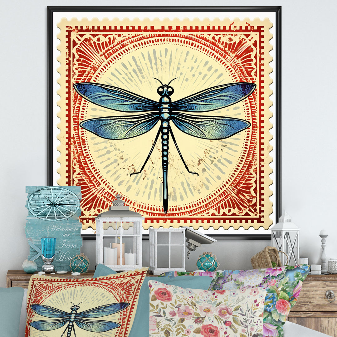 Retro Stamp Illustration Of Blue Dragonfly - Dragonfly Canvas Wall Art