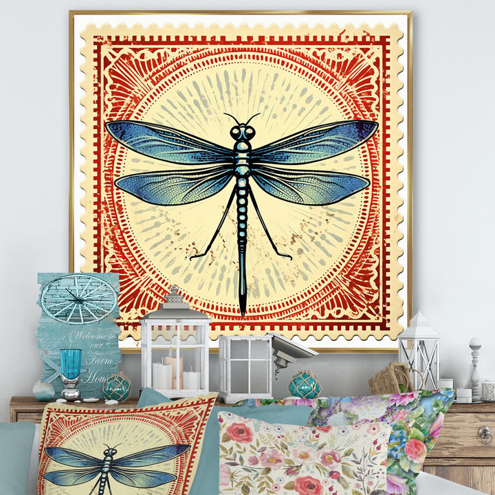 Retro Stamp Illustration Of Blue Dragonfly - Dragonfly Canvas Wall Art