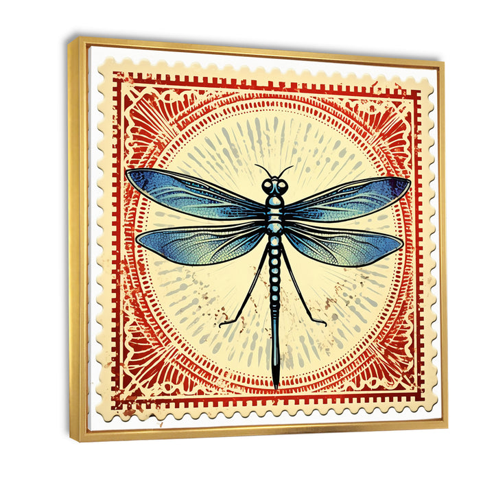 Retro Stamp Illustration Of Blue Dragonfly - Dragonfly Canvas Wall Art