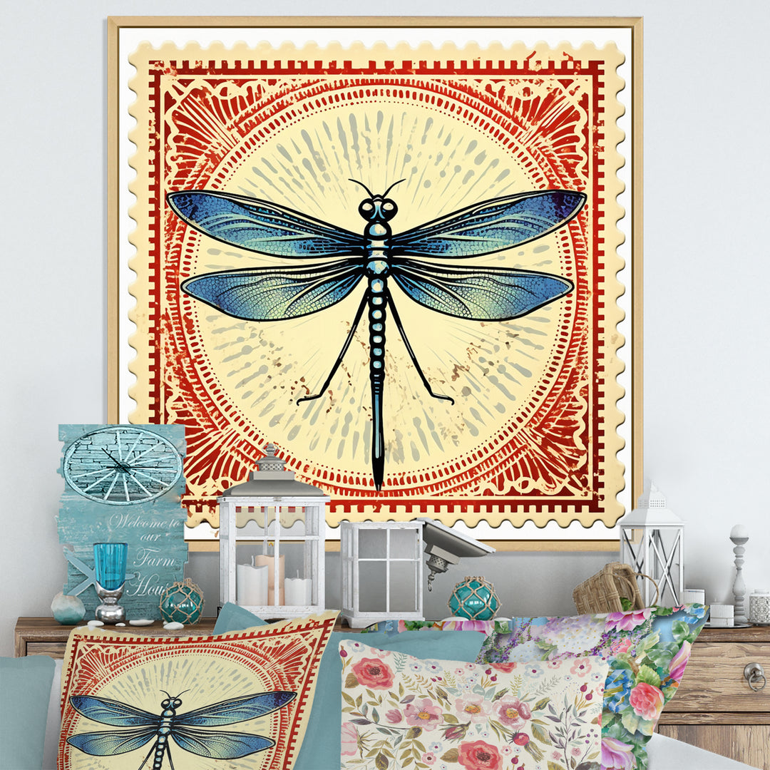 Retro Stamp Illustration Of Blue Dragonfly - Dragonfly Canvas Wall Art