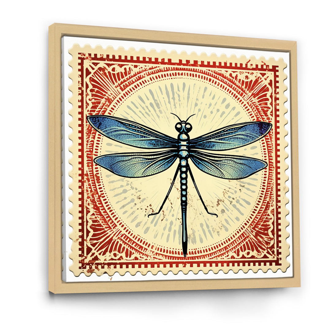 Retro Stamp Illustration Of Blue Dragonfly - Dragonfly Canvas Wall Art
