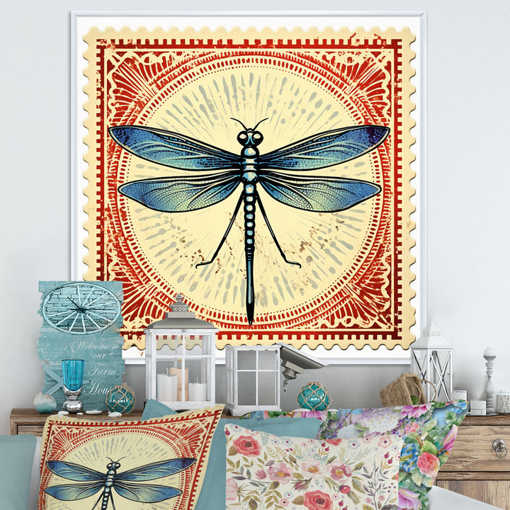 Retro Stamp Illustration Of Blue Dragonfly - Dragonfly Canvas Wall Art