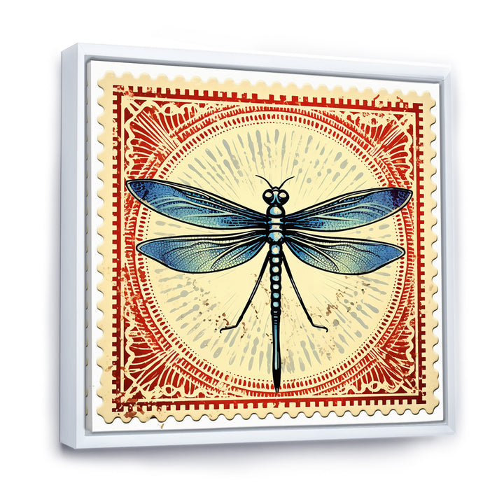 Retro Stamp Illustration Of Blue Dragonfly - Dragonfly Canvas Wall Art