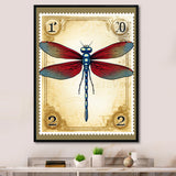 Retro Stamp Illustration Of Red Dragonfly - Blue Dragonfly Wall Art