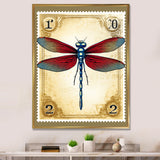 Retro Stamp Illustration Of Red Dragonfly - Blue Dragonfly Wall Art