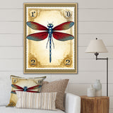 Retro Stamp Illustration Of Red Dragonfly - Blue Dragonfly Wall Art