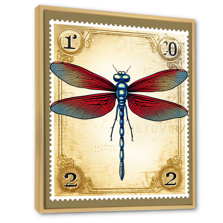 Retro Stamp Illustration Of Red Dragonfly - Blue Dragonfly Wall Art
