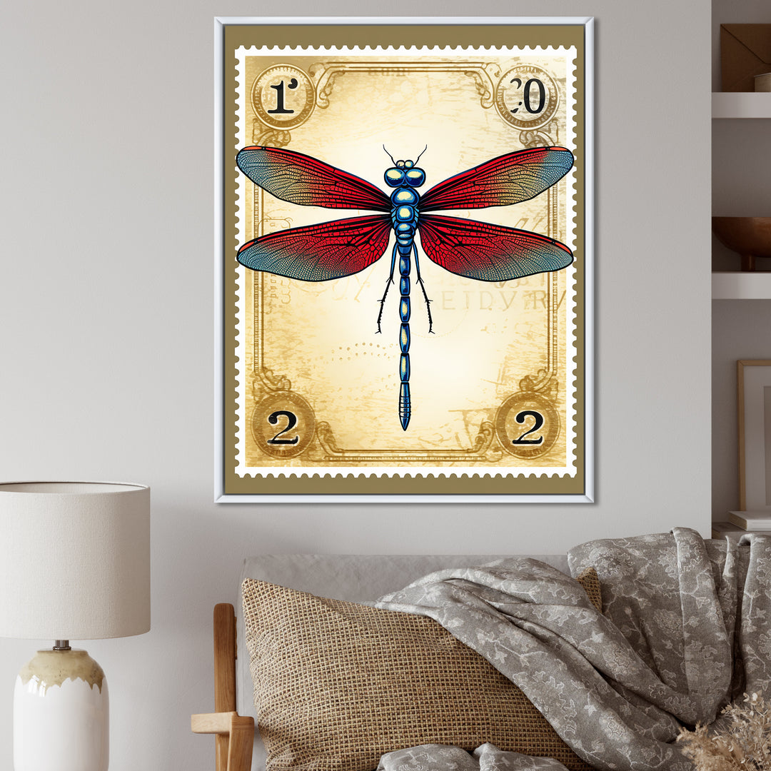 Retro Stamp Illustration Of Red Dragonfly - Blue Dragonfly Wall Art