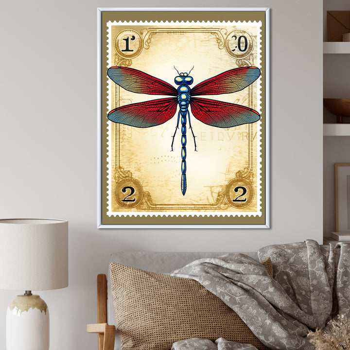 Retro Stamp Illustration Of Red Dragonfly - Blue Dragonfly Wall Art