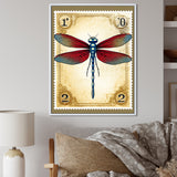 Retro Stamp Illustration Of Red Dragonfly - Blue Dragonfly Wall Art