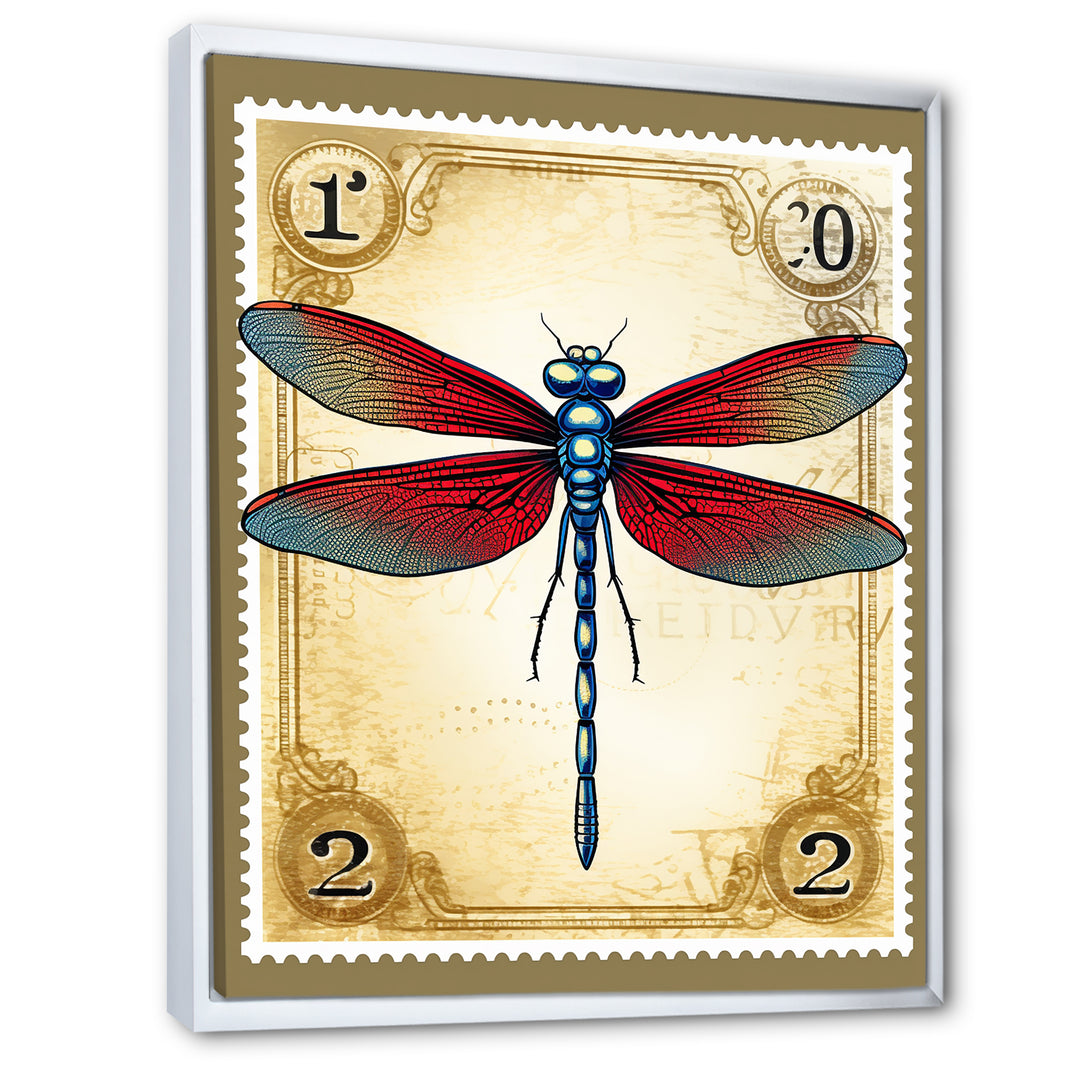Retro Stamp Illustration Of Red Dragonfly - Blue Dragonfly Wall Art