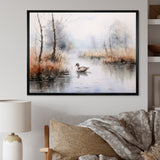 Duck In The Misty Pond At Dawn Watercolor - Duck Large Canvas Wall Art