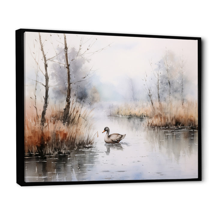 Duck In The Misty Pond At Dawn Watercolor - Duck Large Canvas Wall Art