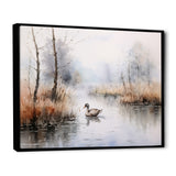 Duck In The Misty Pond At Dawn Watercolor - Duck Large Canvas Wall Art