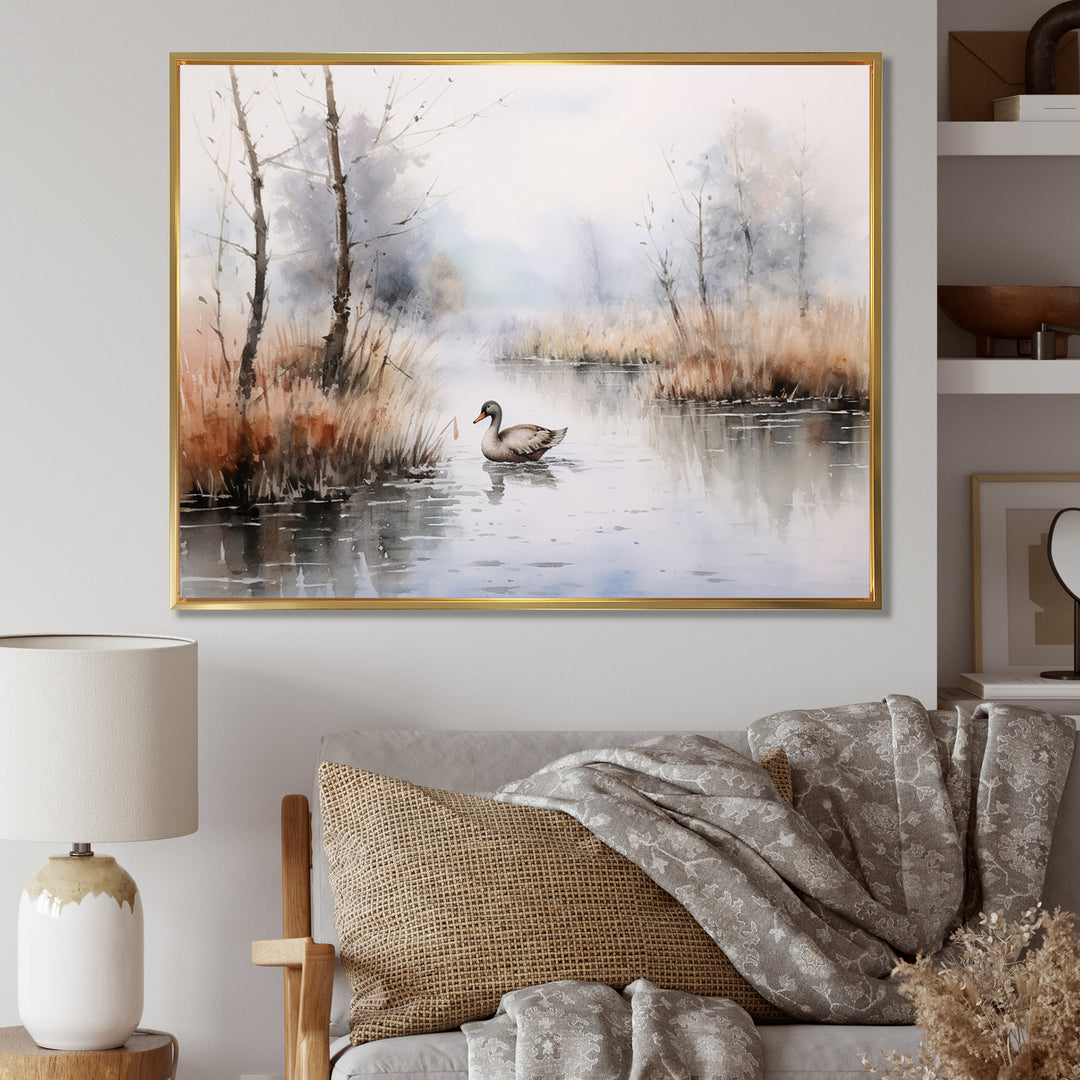 Duck In The Misty Pond At Dawn Watercolor - Duck Large Canvas Wall Art