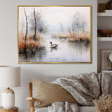 Duck In The Misty Pond At Dawn Watercolor - Duck Large Canvas Wall Art