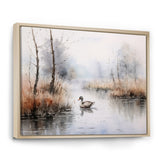 Duck In The Misty Pond At Dawn Watercolor - Duck Large Canvas Wall Art