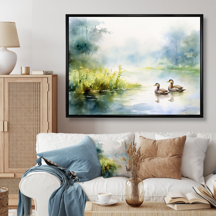 Ducks Swimming In Spring Pond Watercolor - Duck Living Room Wall Art