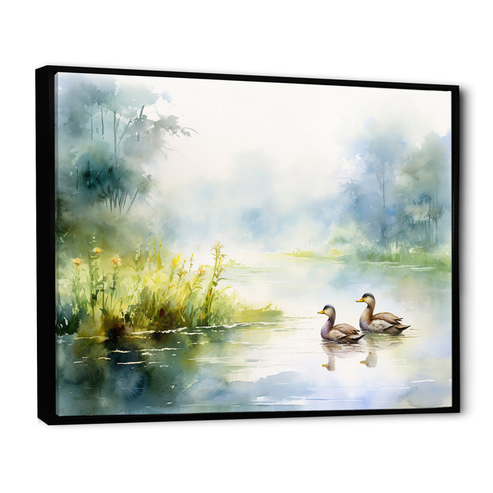 Ducks Swimming In Spring Pond Watercolor - Duck Living Room Wall Art