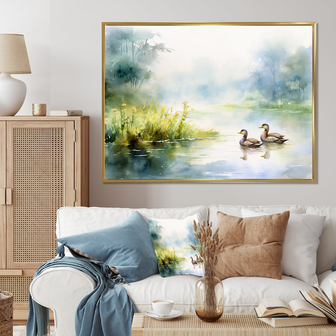 Ducks Swimming In Spring Pond Watercolor - Duck Living Room Wall Art