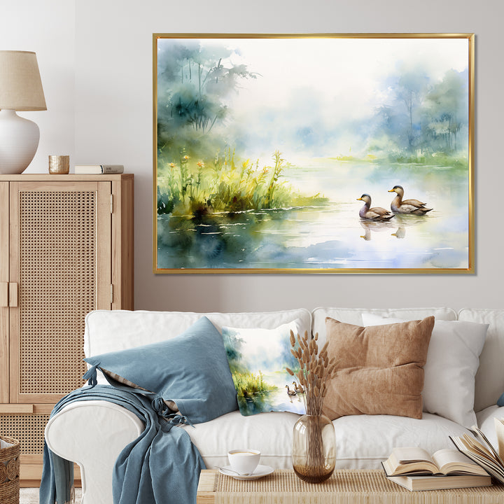 Ducks Swimming In Spring Pond Watercolor - Duck Living Room Wall Art