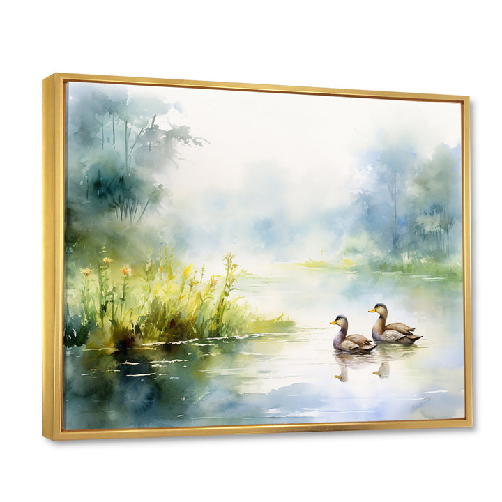Ducks Swimming In Spring Pond Watercolor - Duck Living Room Wall Art