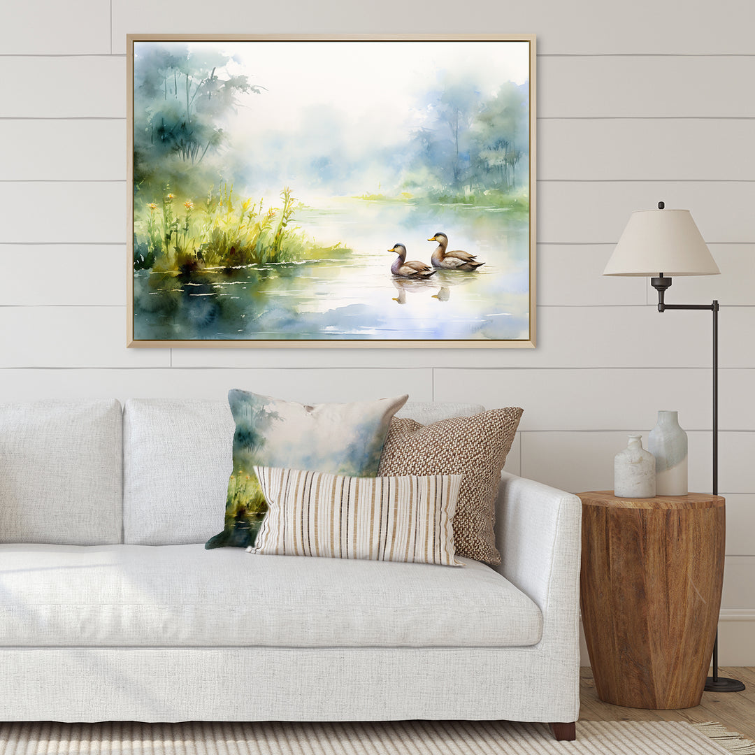Ducks Swimming In Spring Pond Watercolor - Duck Living Room Wall Art