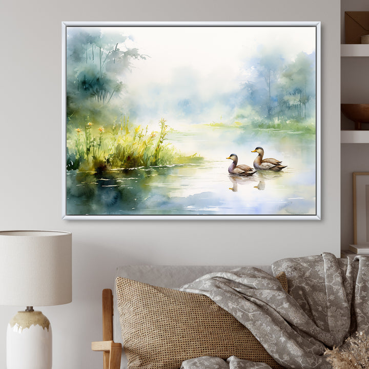 Ducks Swimming In Spring Pond Watercolor - Duck Living Room Wall Art