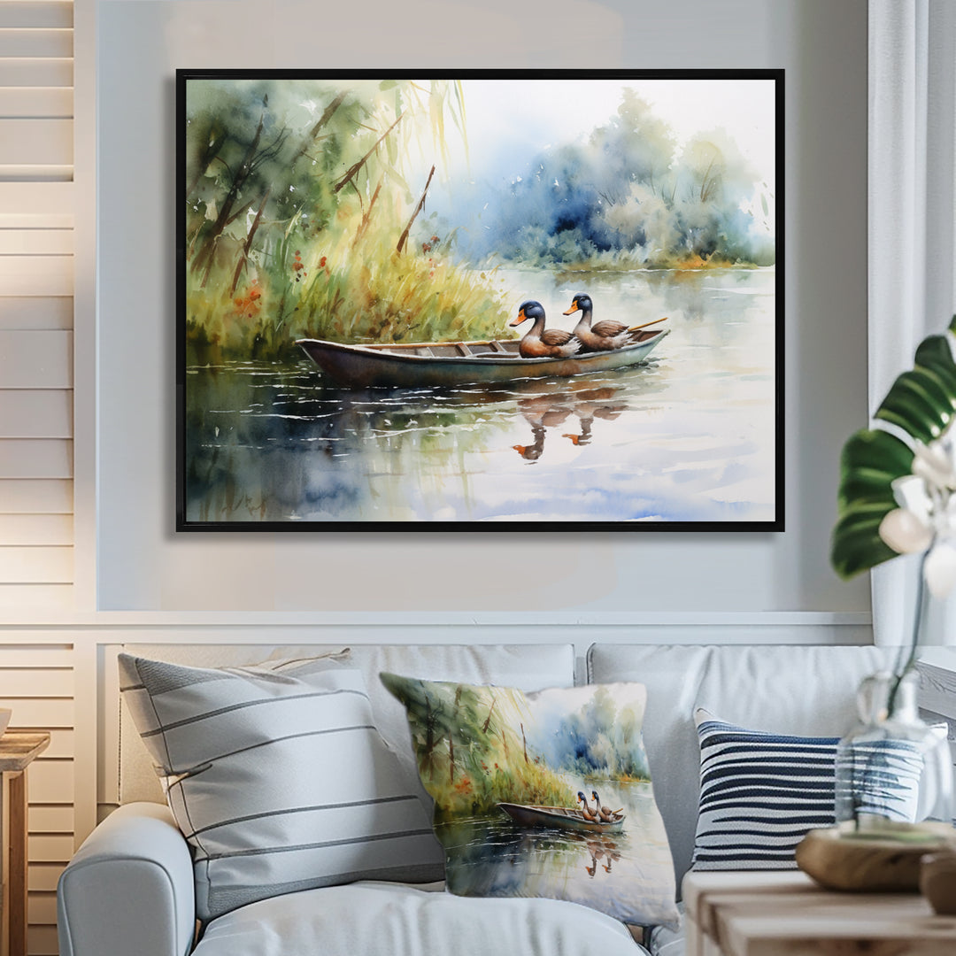 Ducks In A little Boat On The Lake - Duck Bedroom Wall Art