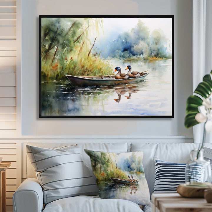 Ducks In A little Boat On The Lake - Duck Bedroom Wall Art