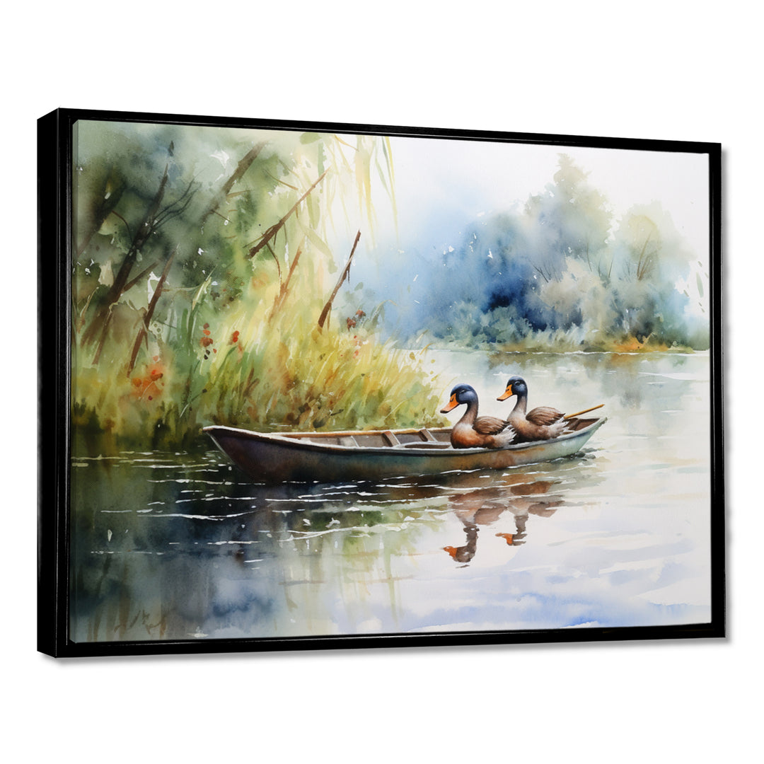 Ducks In A little Boat On The Lake - Duck Bedroom Wall Art