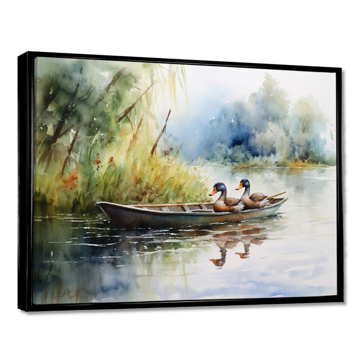 Ducks In A little Boat On The Lake - Duck Bedroom Wall Art