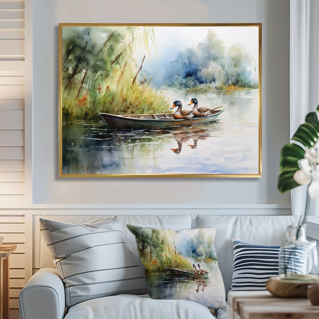 Ducks In A little Boat On The Lake - Duck Bedroom Wall Art