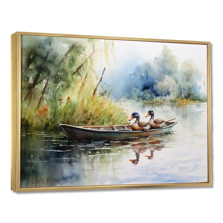Ducks In A little Boat On The Lake - Duck Bedroom Wall Art