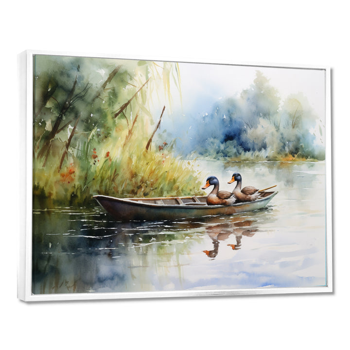 Ducks In A little Boat On The Lake - Duck Bedroom Wall Art