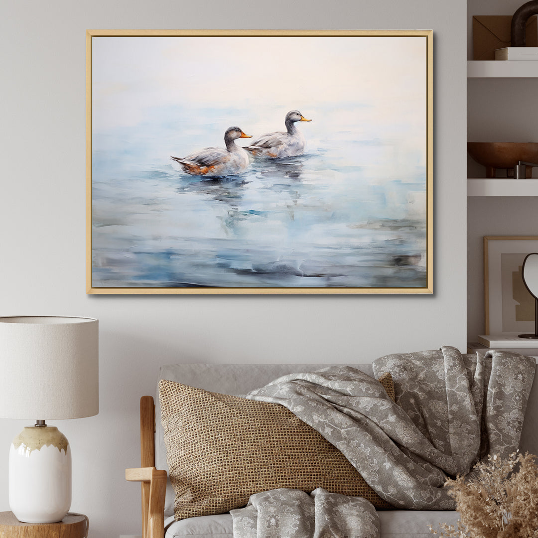 Brown Ducks Swimming Misty Morning Lake - Duck Canvas Wall Art