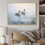Brown Ducks Swimming Misty Morning Lake - Duck Canvas Wall Art