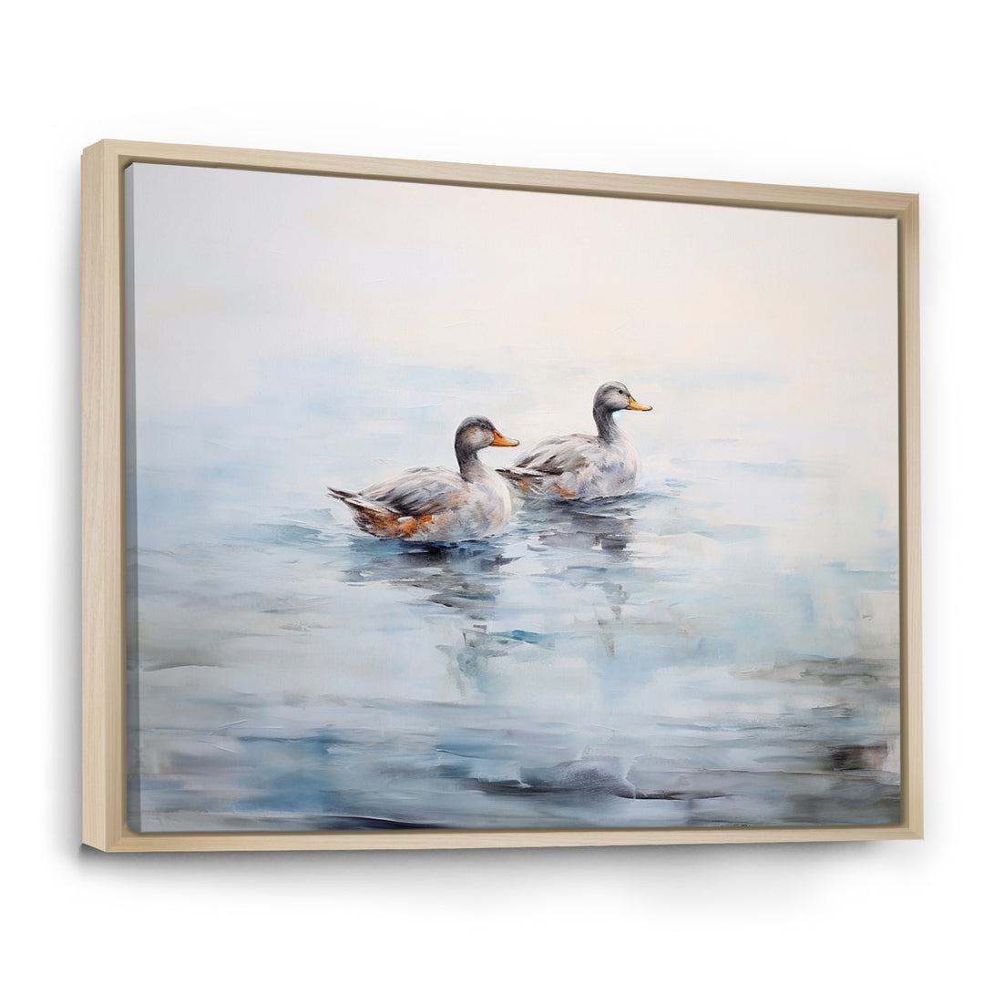 Brown Ducks Swimming Misty Morning Lake - Duck Canvas Wall Art