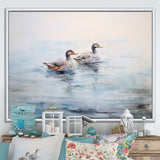 Brown Ducks Swimming Misty Morning Lake - Duck Canvas Wall Art