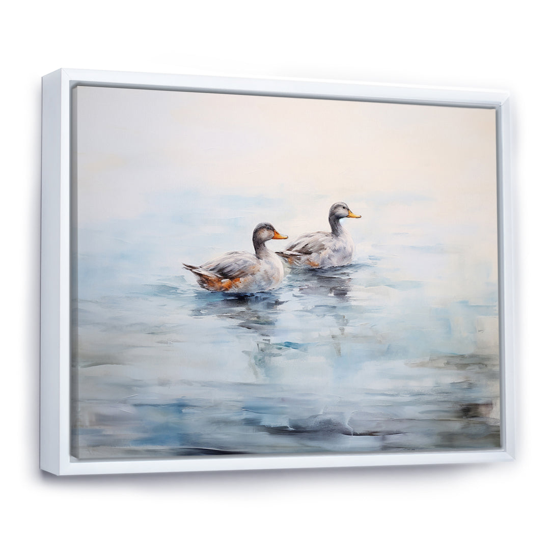 Brown Ducks Swimming Misty Morning Lake - Duck Canvas Wall Art