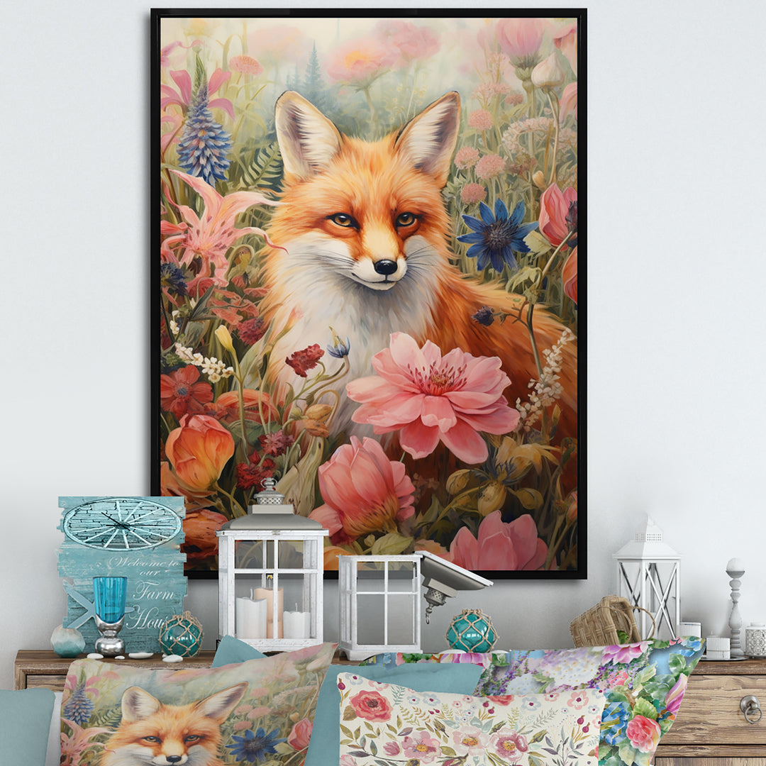 Cute Orange Fox In Flower Field - Orange Fox Wall Art