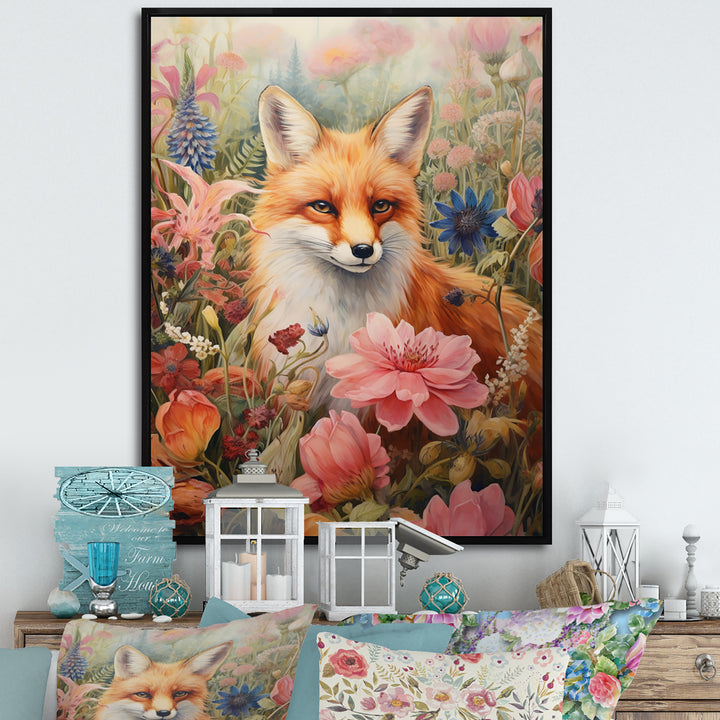 Cute Orange Fox In Flower Field - Orange Fox Wall Art