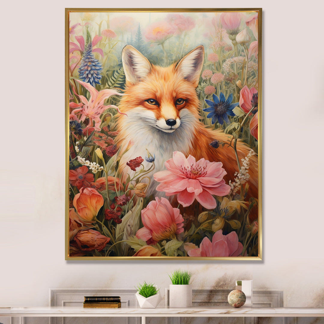 Cute Orange Fox In Flower Field - Orange Fox Wall Art