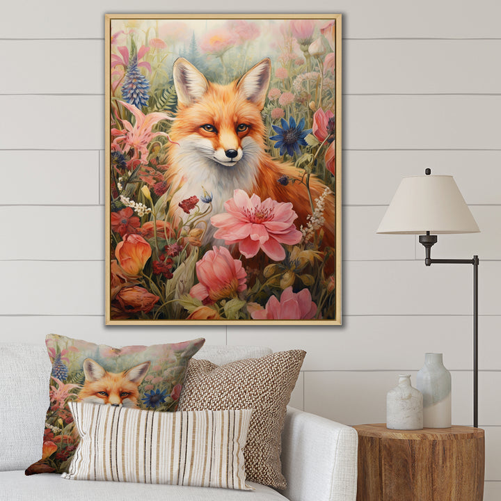 Cute Orange Fox In Flower Field - Orange Fox Wall Art